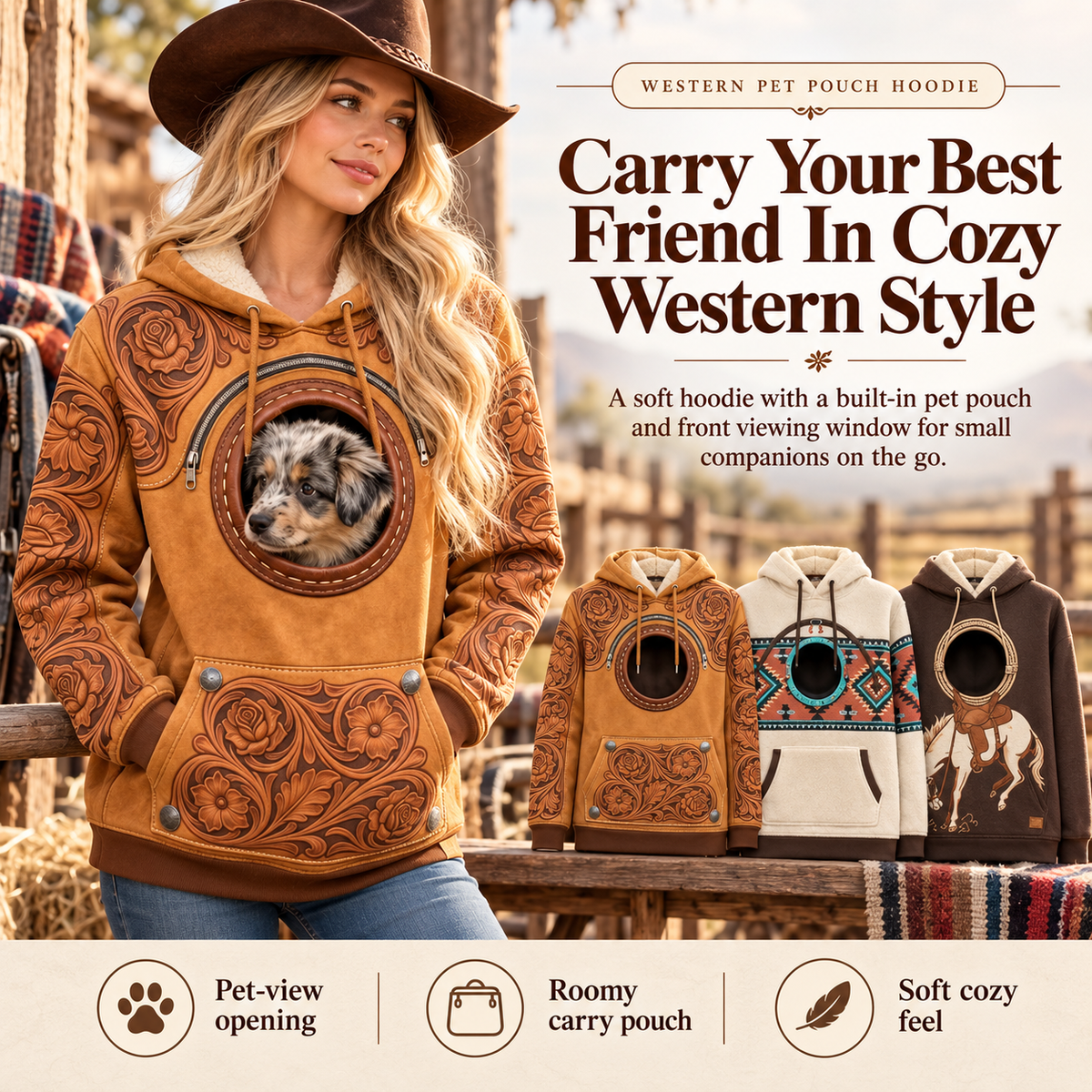 Western Pet Carrier Hoodie for Women, Cozy Hooded Sweatshirt with Built-In Pet Pouch & Viewing Window, Hands-Free Carrying Hoodie for Small Dogs, Cats & Puppies