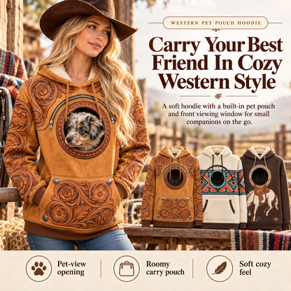 Western Pet Carrier Hoodie for Women, Cozy Hooded Sweatshirt with Built-In Pet Pouch & Viewing Window, Hands-Free Carrying Hoodie for Small Dogs, Cats & Puppies