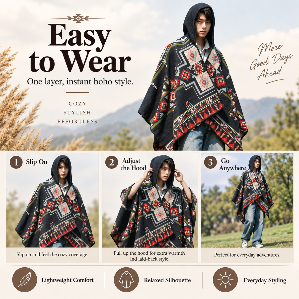 Hooded Boho Poncho Cape, Ethnic Geometric Print Oversized Shawl Wrap, Soft Relaxed Fit Cloak for Fall Winter, Casual Outdoor & Festival Wear