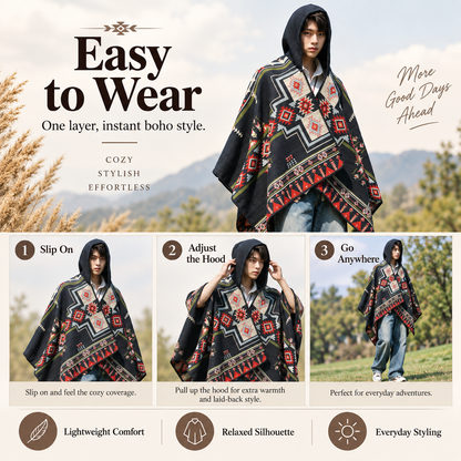 Hooded Boho Poncho Cape, Ethnic Geometric Print Oversized Shawl Wrap, Soft Relaxed Fit Cloak for Fall Winter, Casual Outdoor & Festival Wear