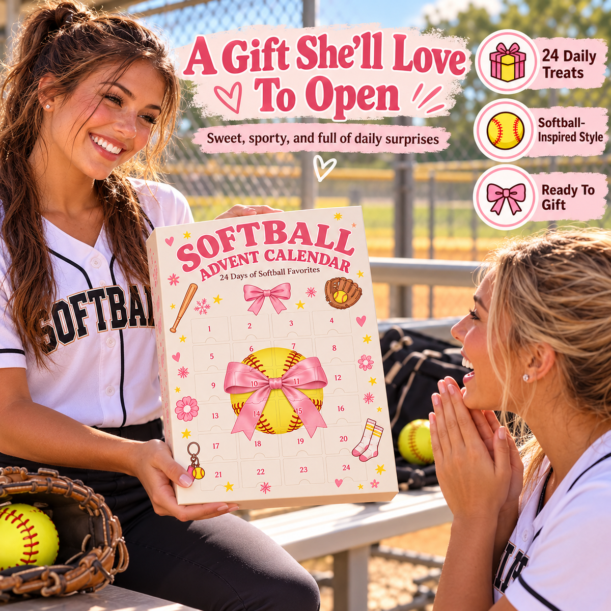 24-Day Softball Advent Calendar for Girls, Christmas Countdown Gift with Daily Softball-Themed Surprises, Fun Holiday Gift for Players, Teammates & Softball Lovers