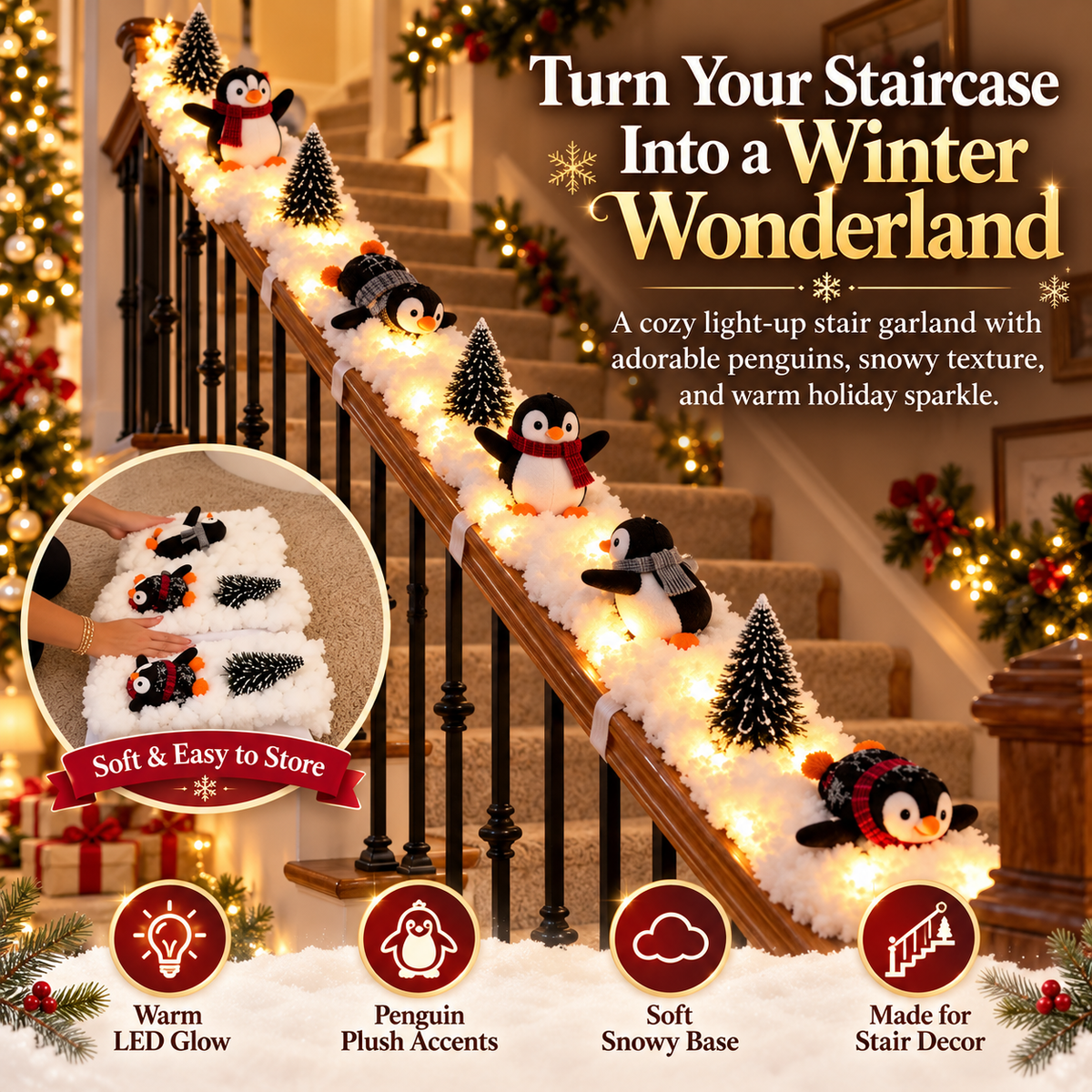 ❄️ SnowGlow™ Penguin Stair Garland – Light-Up Christmas Wonderland Decoration
