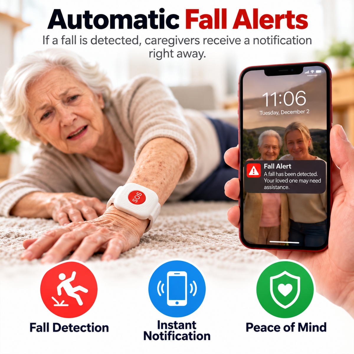 SafeLink fall-alert support shown notifying a caregiver smartphone