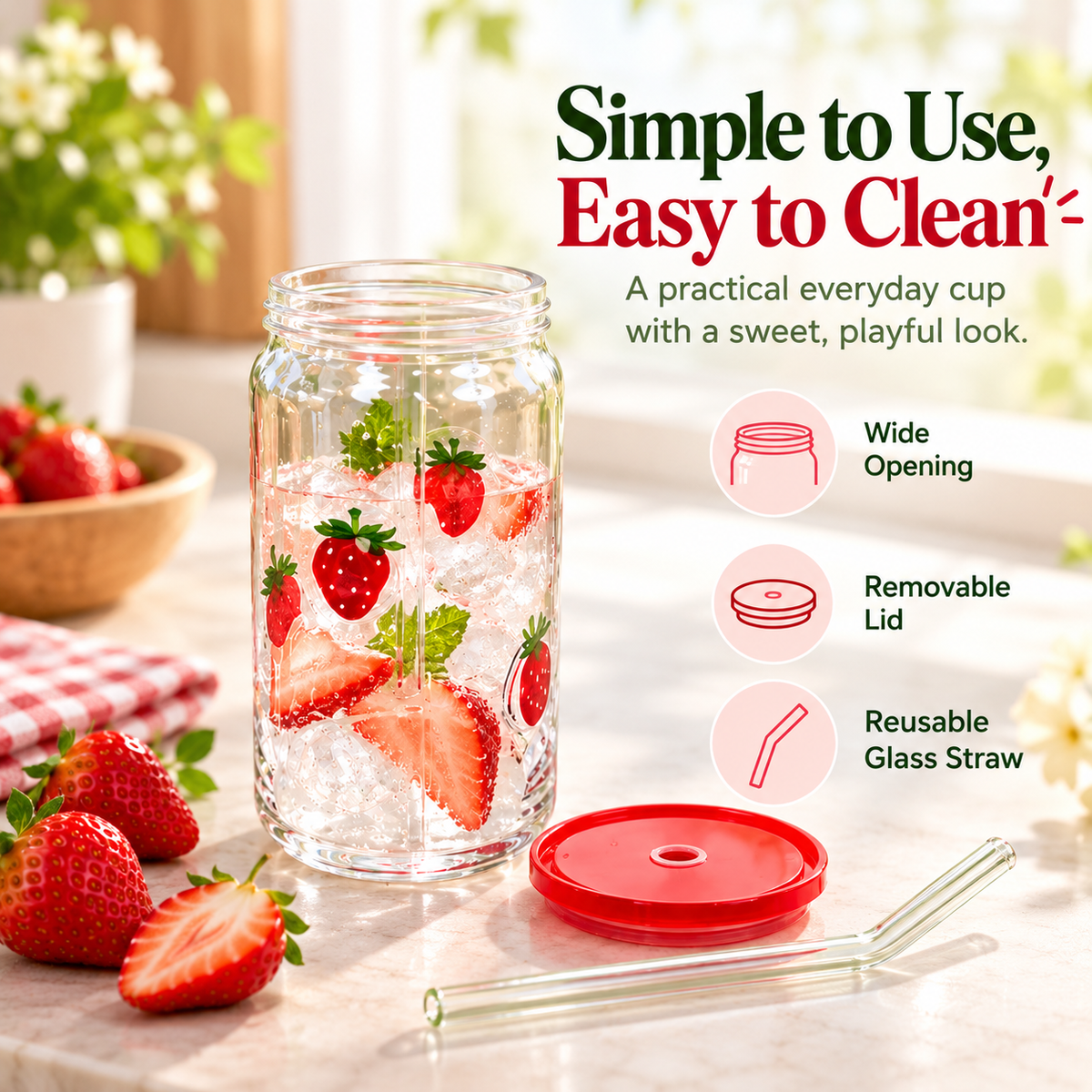 Glass Tumbler with Lid and Straw, Reusable Clear Drinking Cup for Iced Coffee, Juice, Tea, Smoothies & Cold Beverages, Aesthetic Everyday Cup
