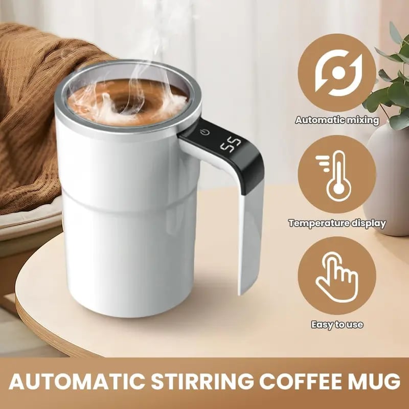 Automatic stirring coffee mug showing temperature display automatic mixing and touch control