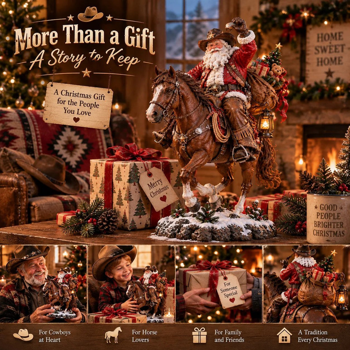 Western Cowboy Santa Christmas keepsake displayed as a holiday gift