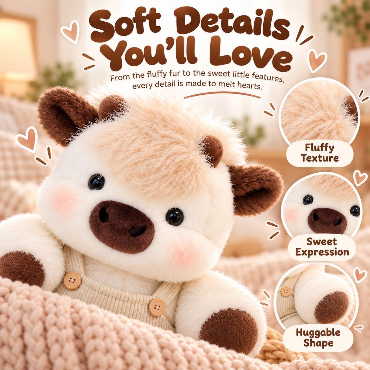 Close-up of cute fluffy cow plush showing cream fur, brown ears, dark nose, pink cheeks and knit-look outfit details