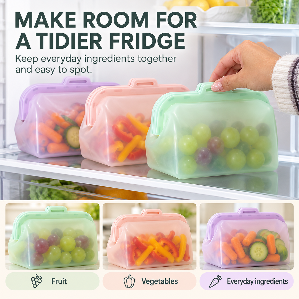 🥜 FreshFold™ Reusable Food Storage Bags – Stand-Up Silicone Pouches