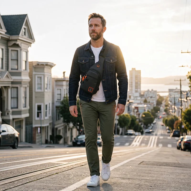 Man walking through city wearing a compact black crossbody sling bag