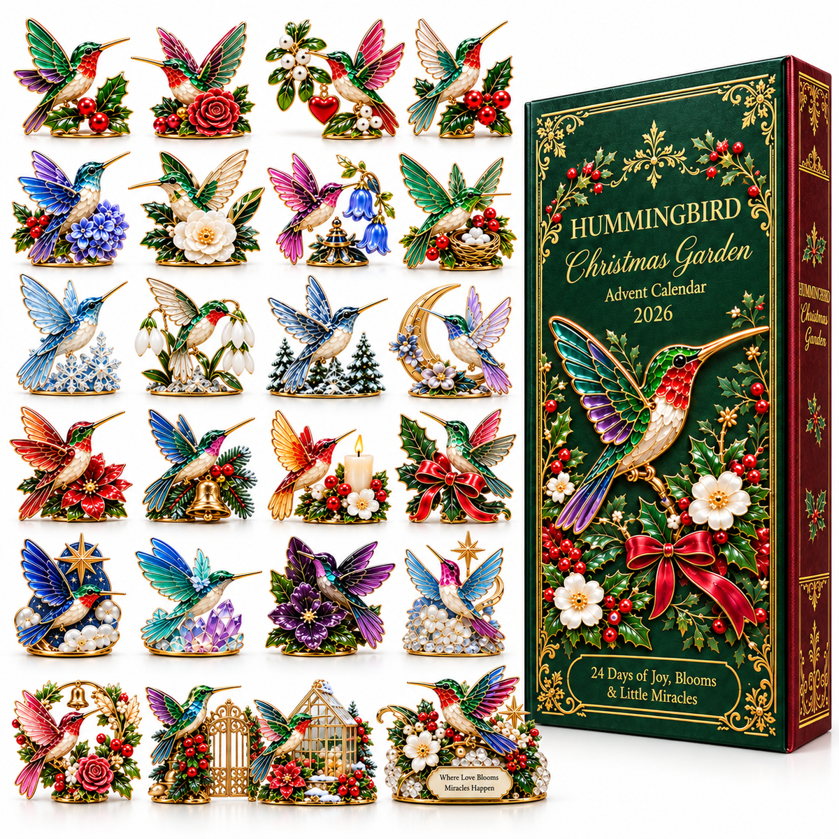 Product overview showing 24 hummingbird and Christmas floral decorative designs beside illustrated gift box