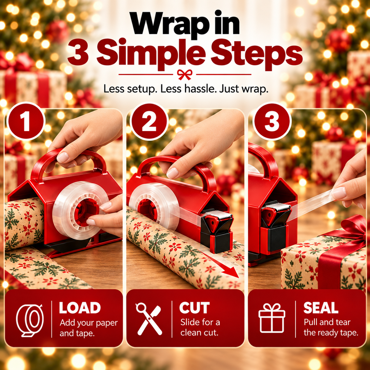 Three step TapeMate gift wrapping process showing load cut and seal