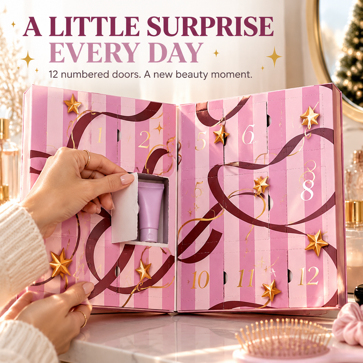 Hands opening one numbered door of a pink haircare advent calendar to reveal a beauty surprise