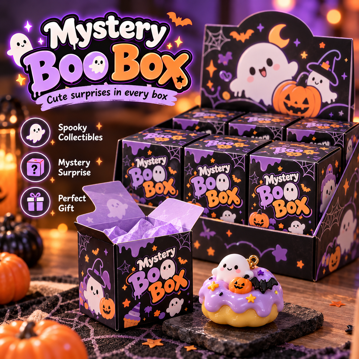 Halloween mystery blind boxes decorated with cute ghosts, pumpkins and bats, alongside a purple spooky-themed miniature collectible