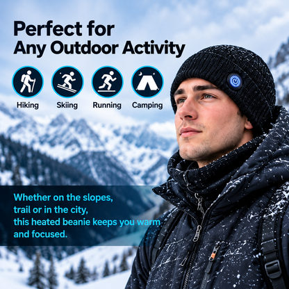 Person wearing heated beanie outdoors in snowy weather