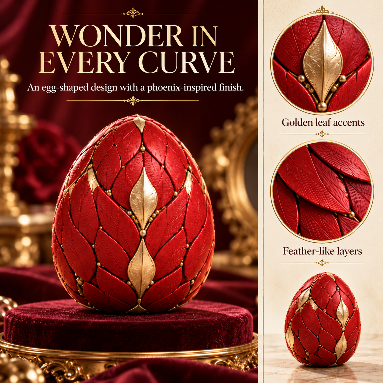 Red phoenix egg form with overlapping feather-like panels and gold-tone leaf-shaped accents