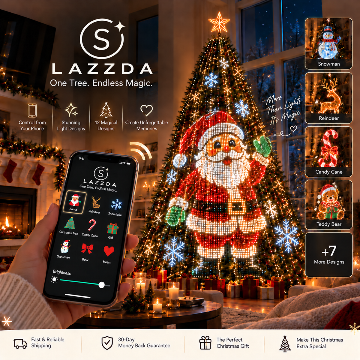 Smartphone controlling animated Christmas tree light designs