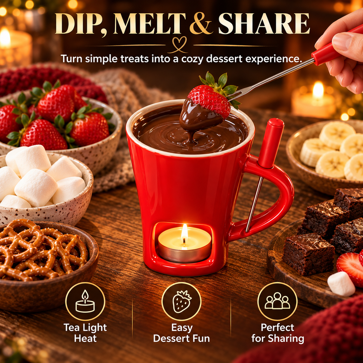 Strawberry being dipped into melted chocolate inside a red candle-powered fondue mug with surrounding marshmallows, pretzels and brownies
