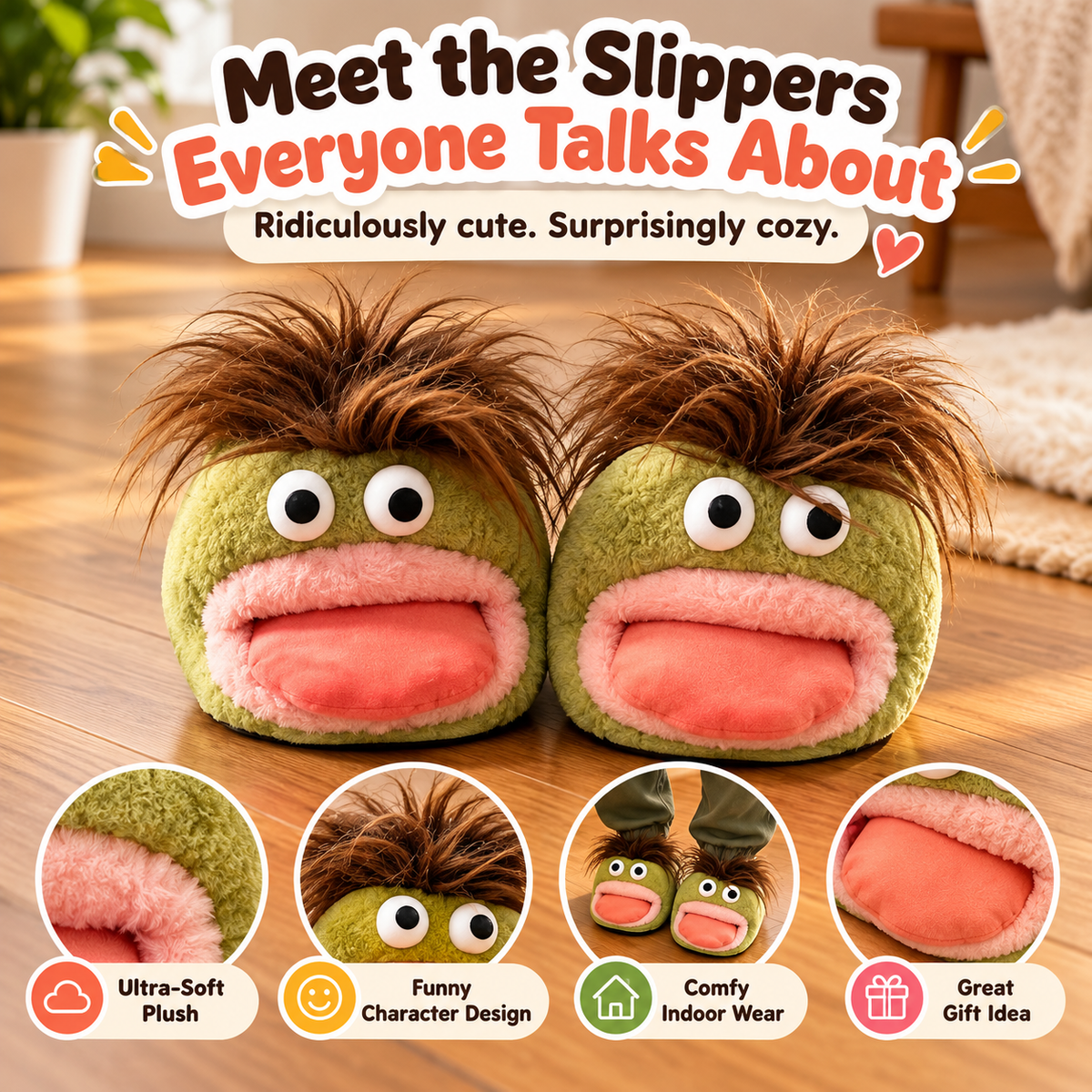 🐸 Funny Frog Plush Slippers – Cute & Cozy Monster House Shoes 💚