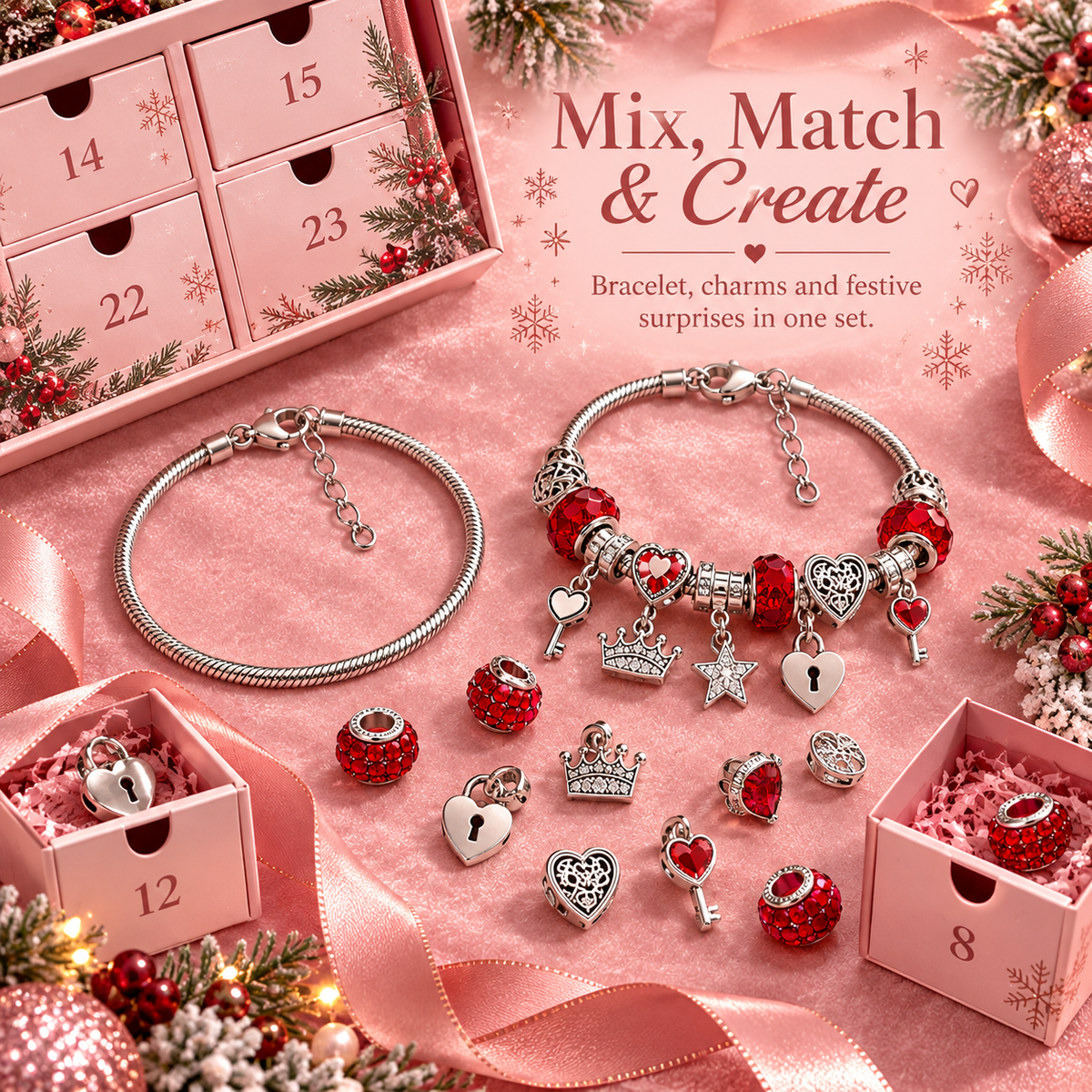 Flat lay of two silver-tone charm bracelets with red beads, heart locks, star and crown charms beside pink advent calendar drawers