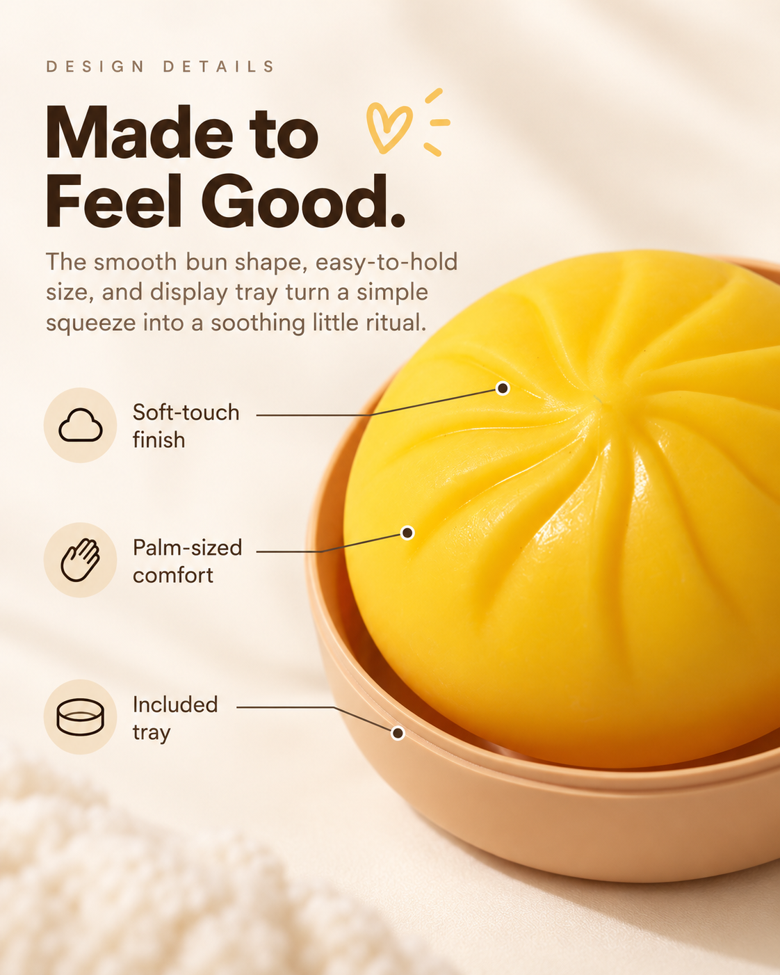 Close view of yellow bun squishy with soft-touch finish and display tray