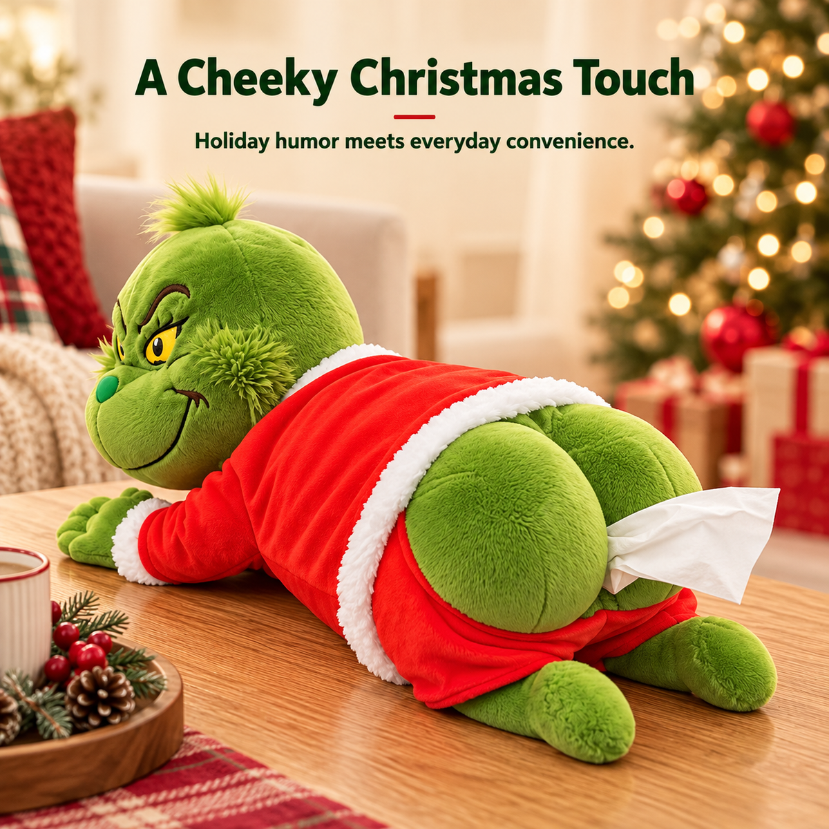 🎄 Grinch Plush Tissue Box Cover | Funny Christmas Grinch Tissue Holder, Festive Home Decor & Novelty Holiday Gift