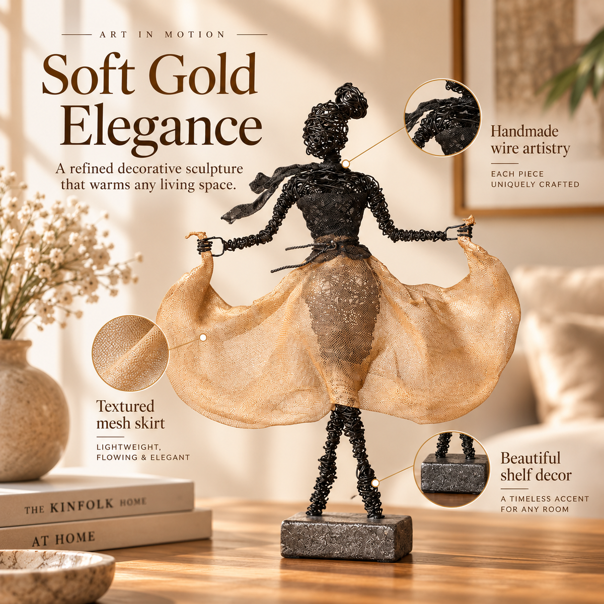 Handmade Wire Dancer Sculpture, Elegant Ballet Lady Figurine, Modern Metal Art Statue for Living Room Decor, Unique Gift for Home Office
