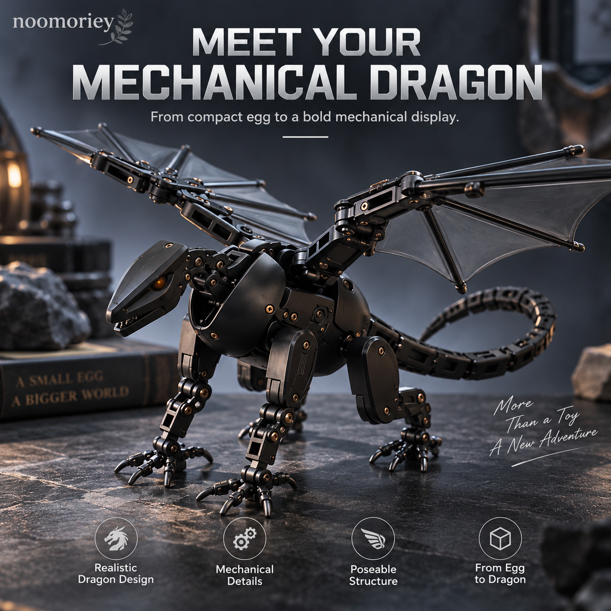 Mechanical dragon displayed with its wings extended and tail curved