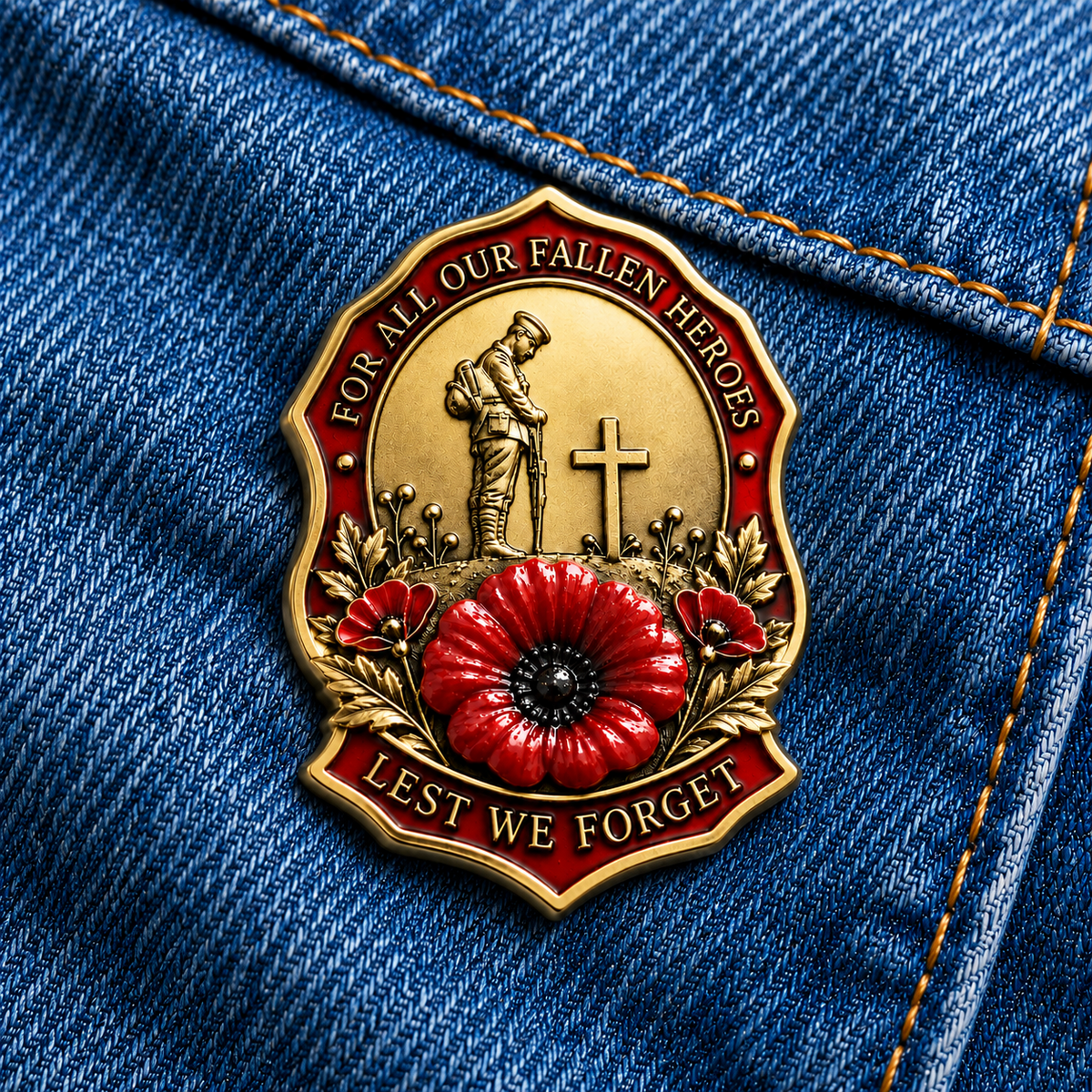 Gold-tone remembrance poppy brooch attached to blue denim fabric