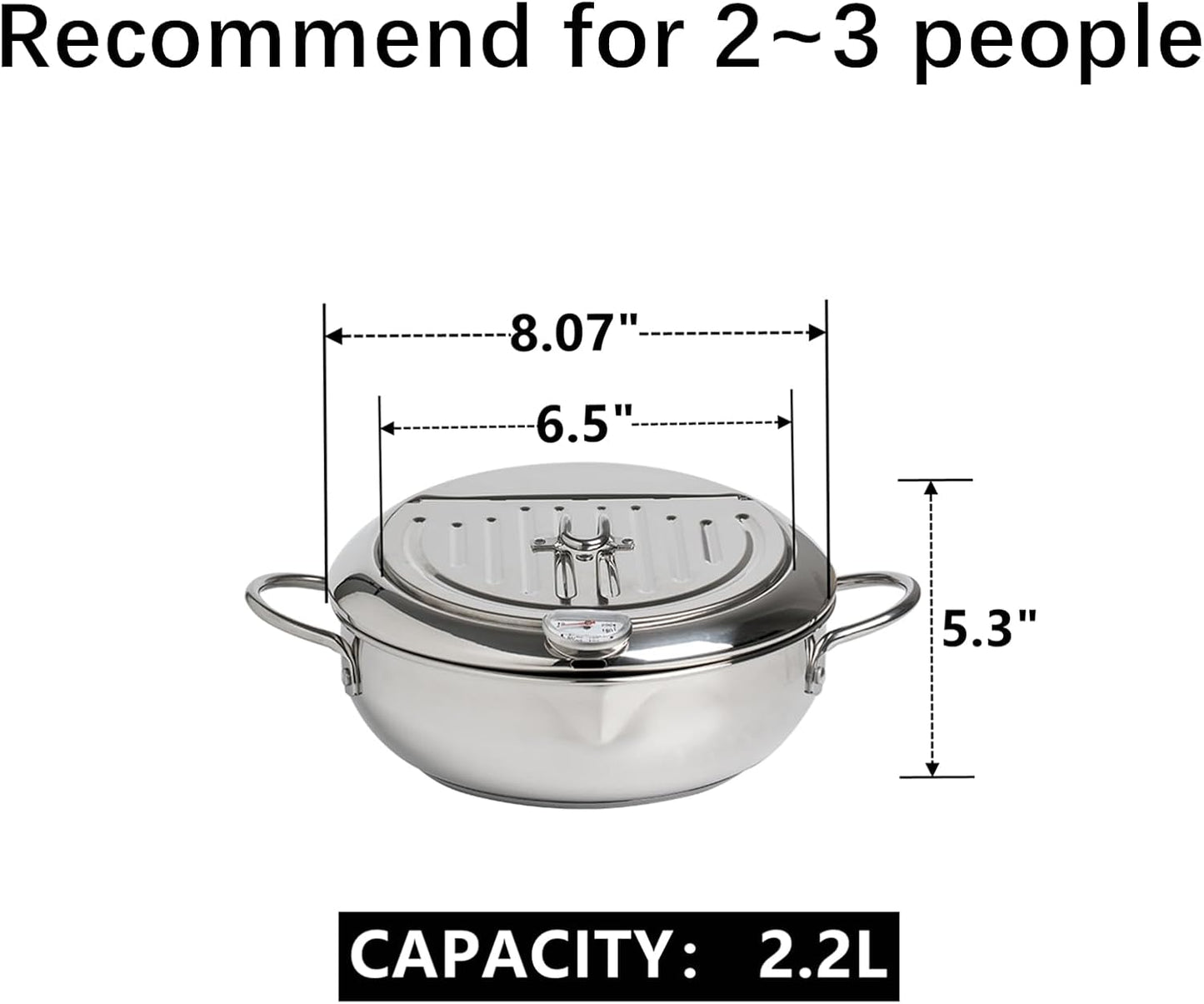 304 Stainless Steel Deep Fryer Pot, Frying Chicken Pot, Tempura deep Fryer with a Thermometer and a lid, Japanese Style Tempura Fryer Pan,2.2L