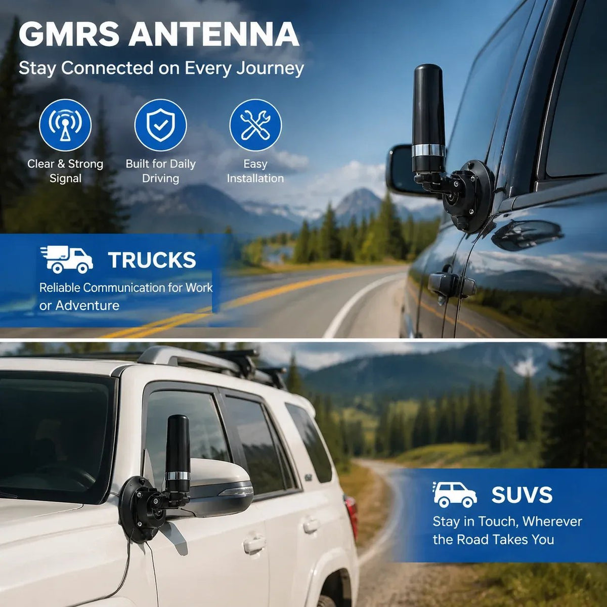 GMRS vacuum antenna mount shown on truck and SUV radio setups