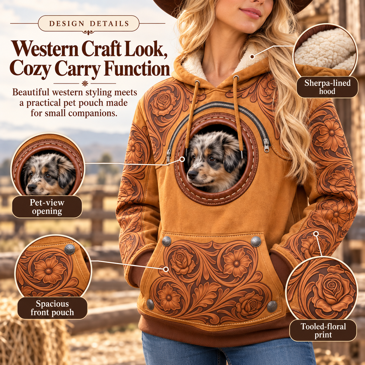 Western Pet Carrier Hoodie for Women, Cozy Hooded Sweatshirt with Built-In Pet Pouch & Viewing Window, Hands-Free Carrying Hoodie for Small Dogs, Cats & Puppies