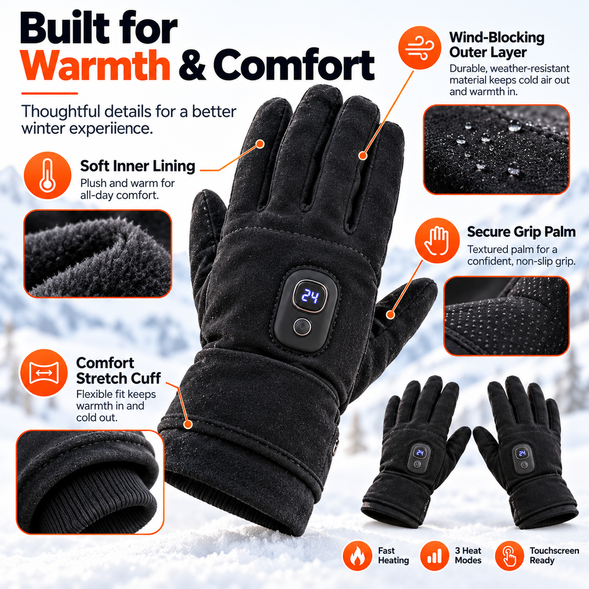 🔥 HeatCore™ Rechargeable Heated Gloves – 3-Mode Smart Heating & Touchscreen Winter Gloves