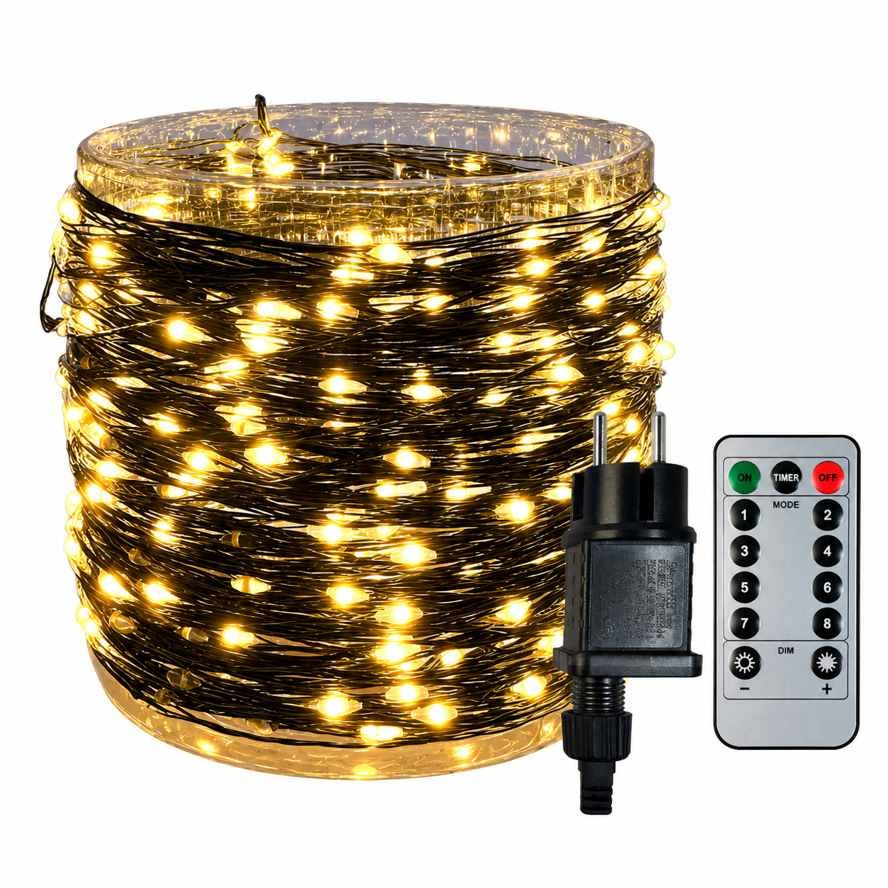 Warm white LED string lights shown with a controller and remote