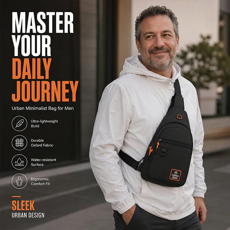 Man wearing a lightweight black multi-pocket crossbody sling bag