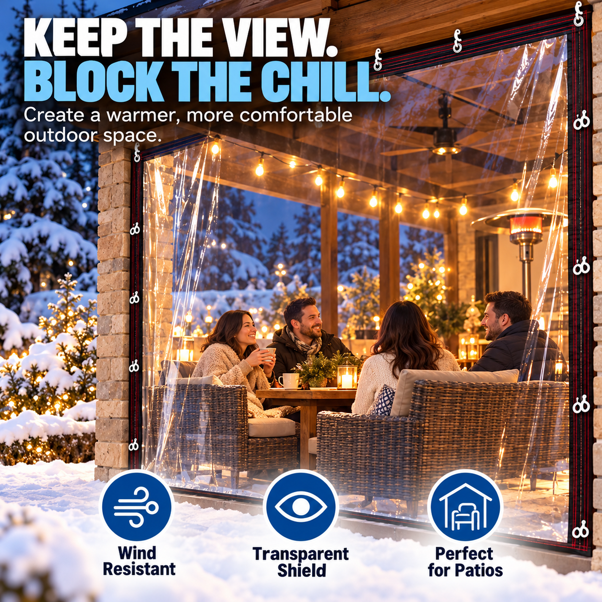 Family and friends relaxing around a patio table behind clear PVC outdoor curtains during a snowy evening with warm patio lights