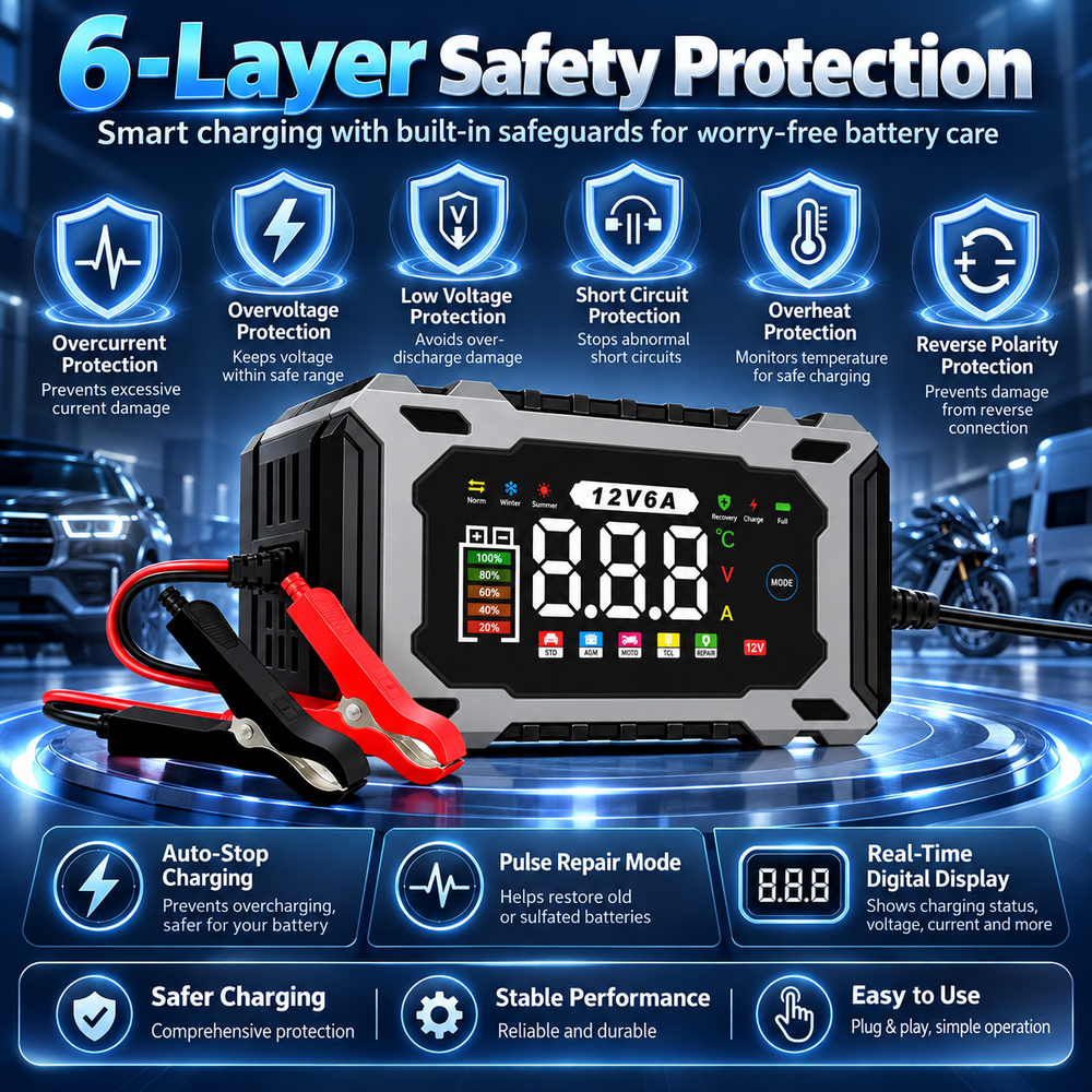 Product feature illustration showing the charger's advertised charging protection functions