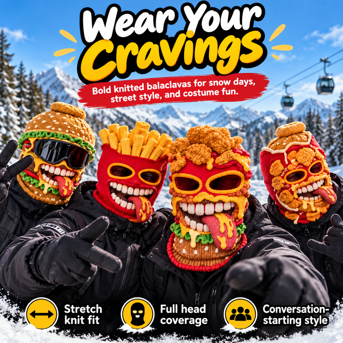 Group wearing colorful food-inspired knitted full-face novelty balaclavas in snowy mountains