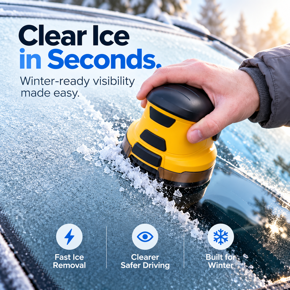 Electric ice scraper clearing a section of an icy windshield with winter frost surrounding it