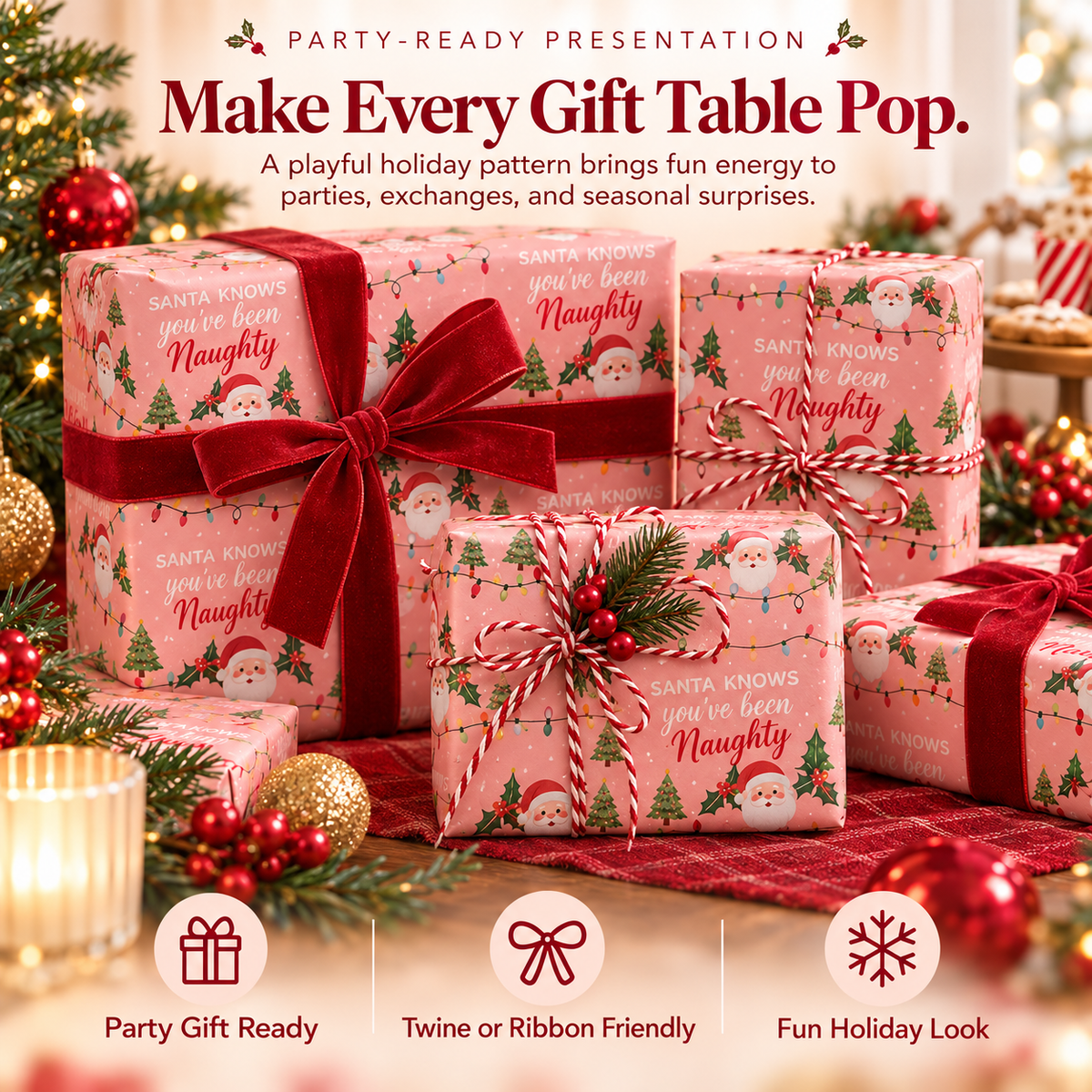 Pink Santa wrapped Christmas gifts arranged on a festive holiday gift table