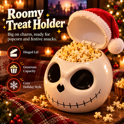Spooky Skull Popcorn Bucket with Lid, Large Halloween Snack Bowl with Santa Hat Design, Reusable Movie Night Treat Container for Christmas, Parties & Holiday Decor