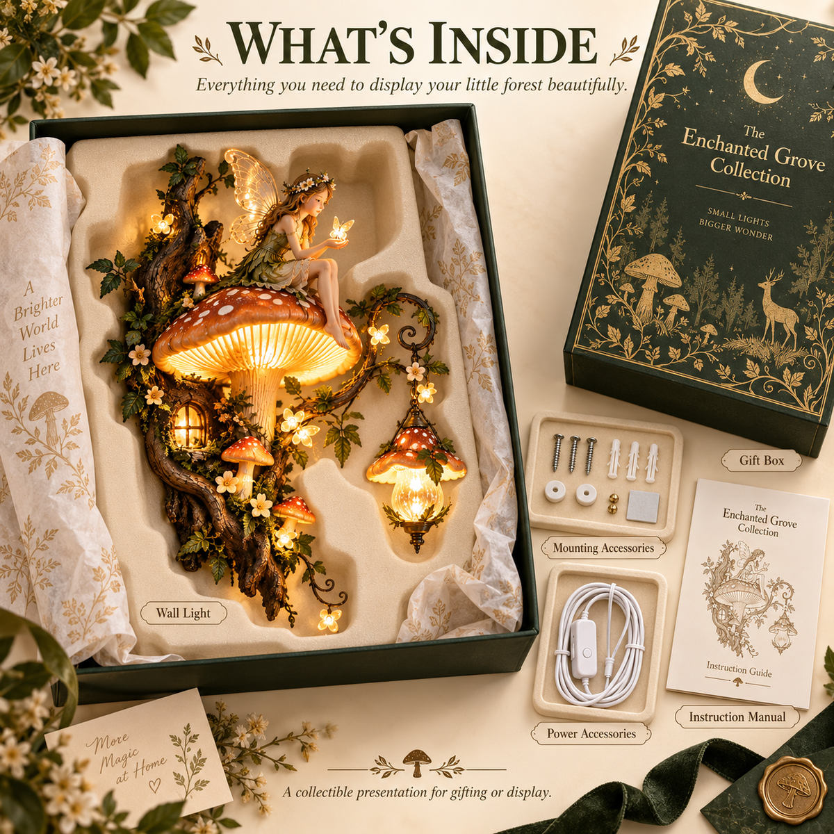 Enchanted Mushroom Fairy Wall Light gift box mounting accessories power accessories and guide