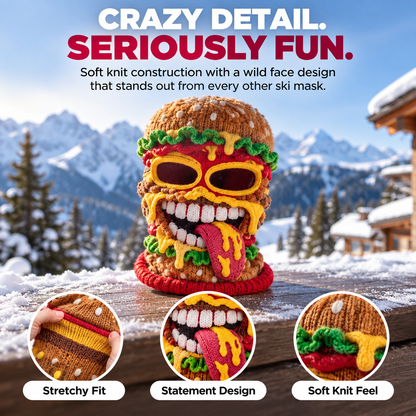 🍔 Burger Monster Knit Ski Mask – Funny Food Balaclava