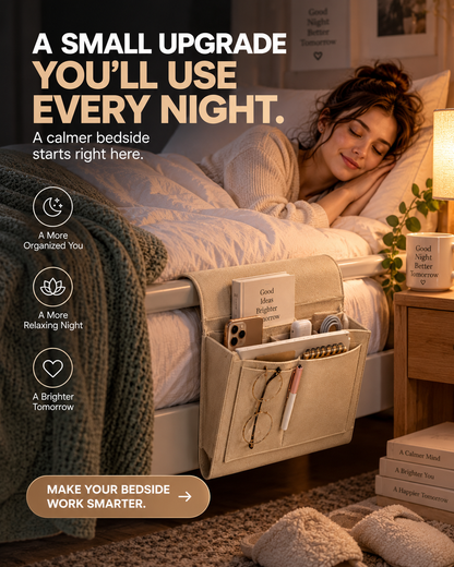 BedEase™ Hanging Bedside Organizer – Multi-Pocket Bed Caddy for Phone, Books & Nighttime Essentials