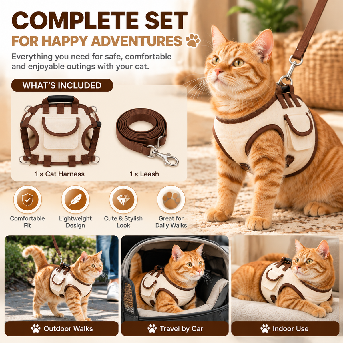 🐾 CozyPaws™ Cat Harness & Leash Set – Adventure Together