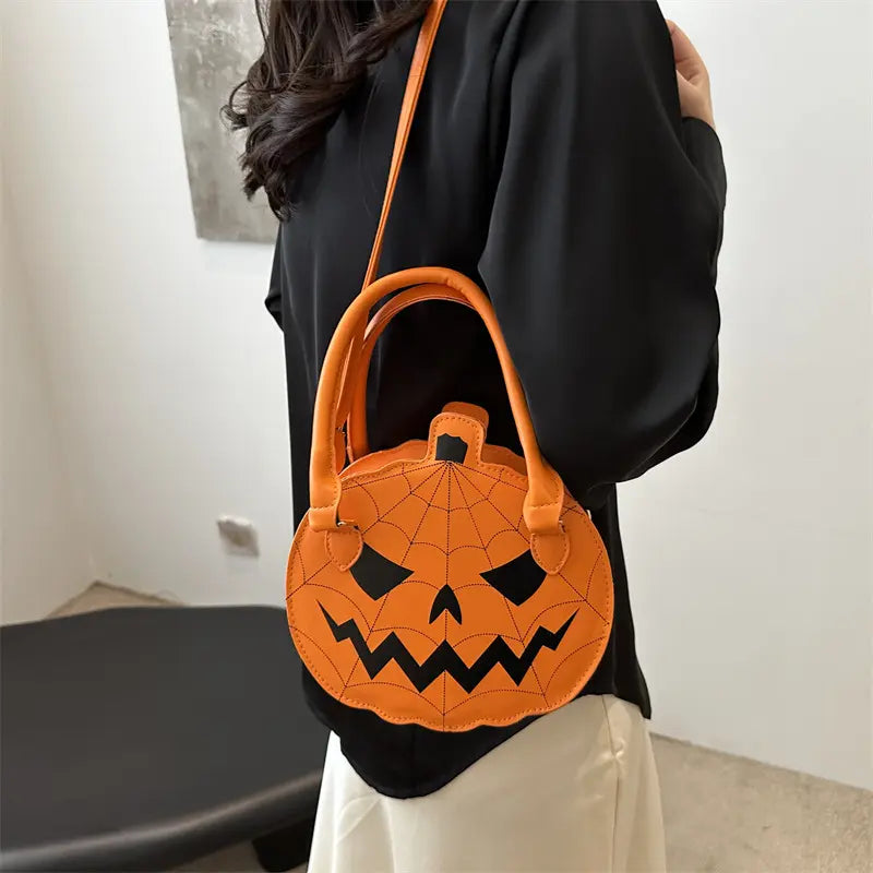 Spooky Jack-O-Lantern Pumpkin Crossbody Bag Novelty Spiderweb Stitching Handbag Aesthetic Halloween Party Purse for Women