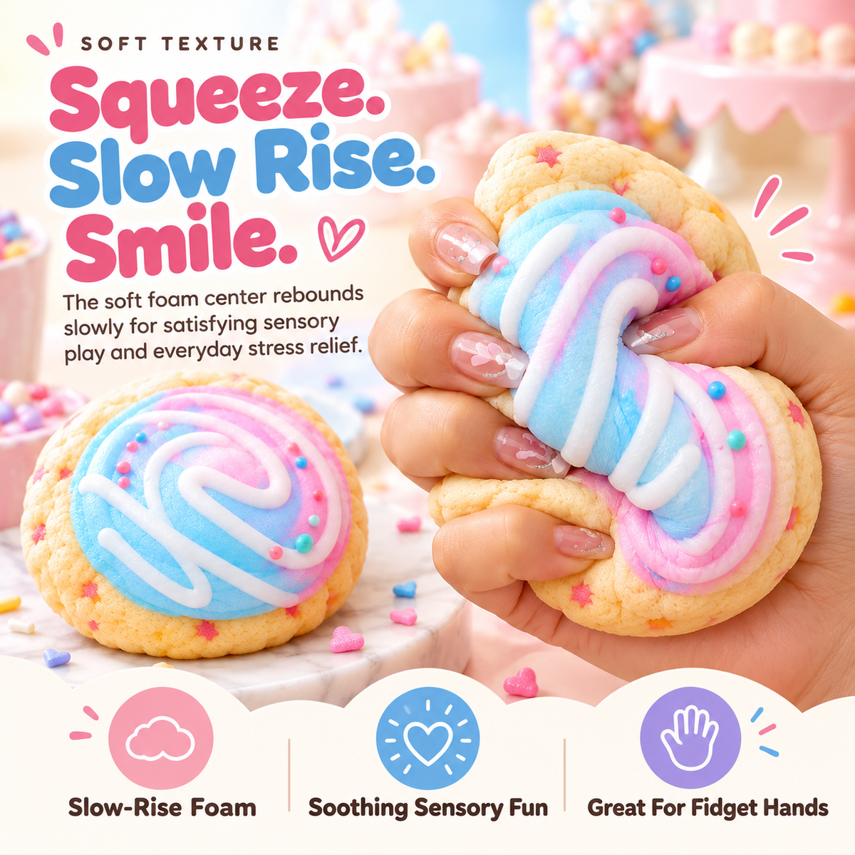 Hand gently squeezing the pastel cookie-shaped slow-rising squishy
