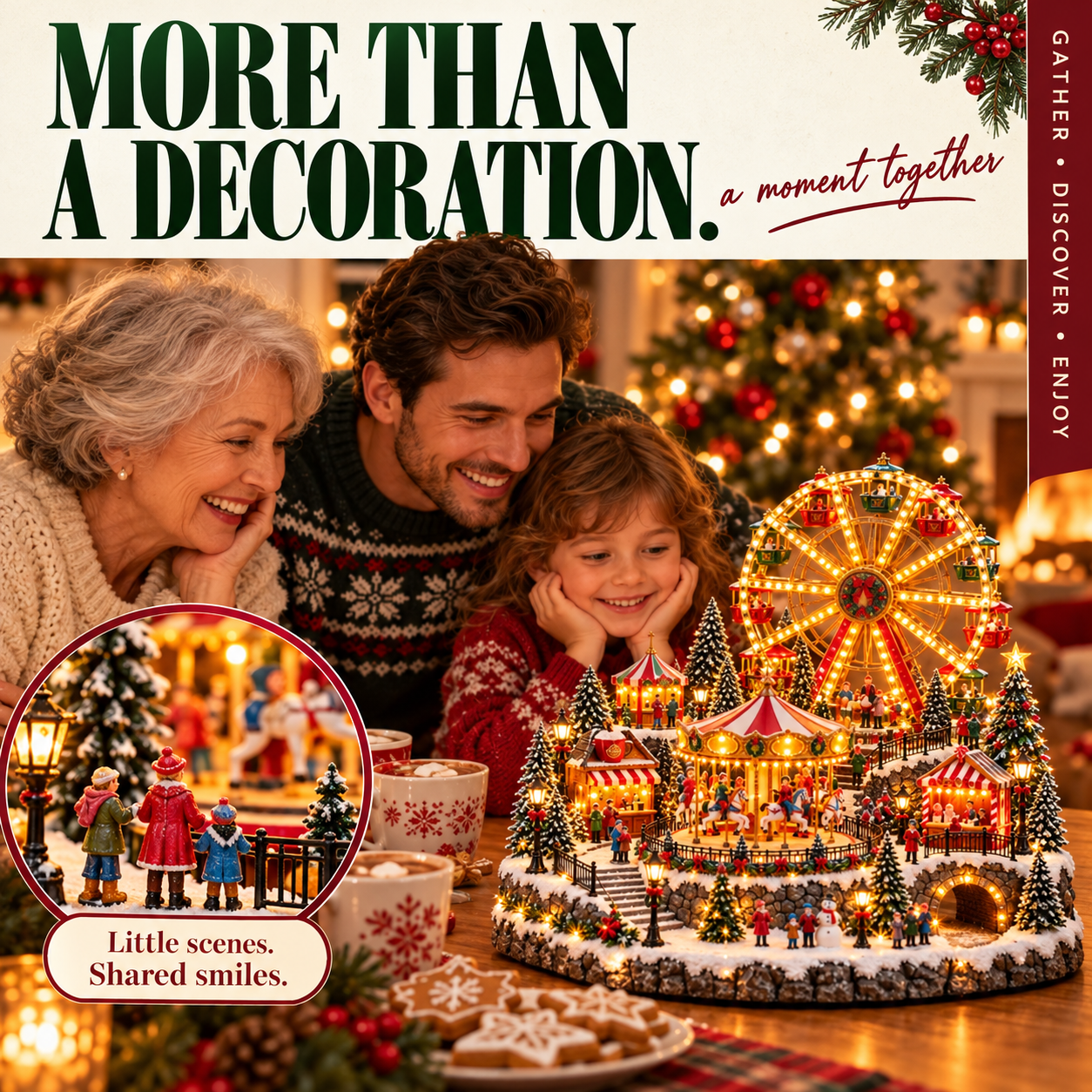 Family smiling around a lighted Christmas Wonderland Carnival in a Christmas gathering scene