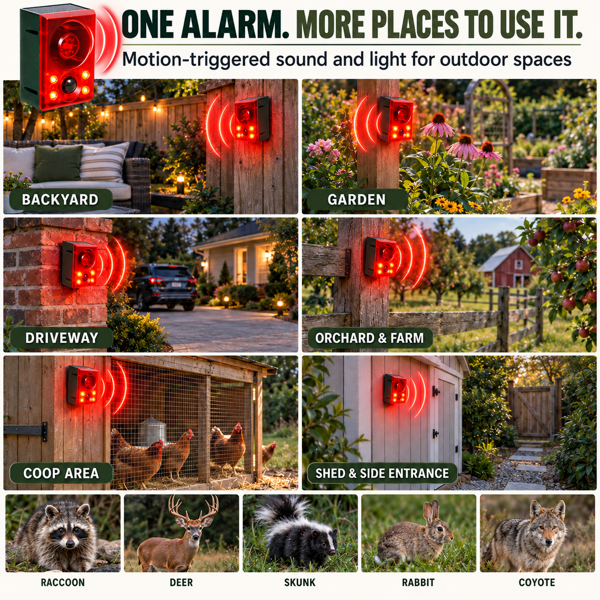 🚨Solar Outdoor Motion Sensor Alarm - Dog Barking & Gunshot Sound, Support Recording and Volume Adjustment, 130dB Noise with Flashing Light to Deter Raccoon, Deer, Skunk, Bear, Coyote