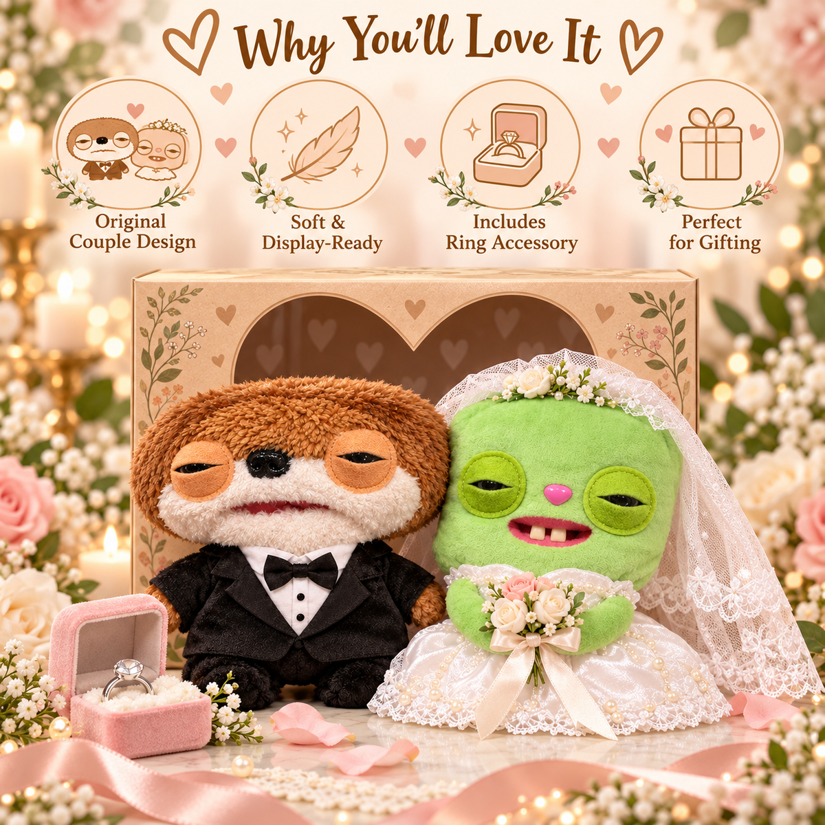 💕 OddlyEverAfter™ Wedding Plush Couple – Funny Bride & Groom Stuffed Animal Gift Set