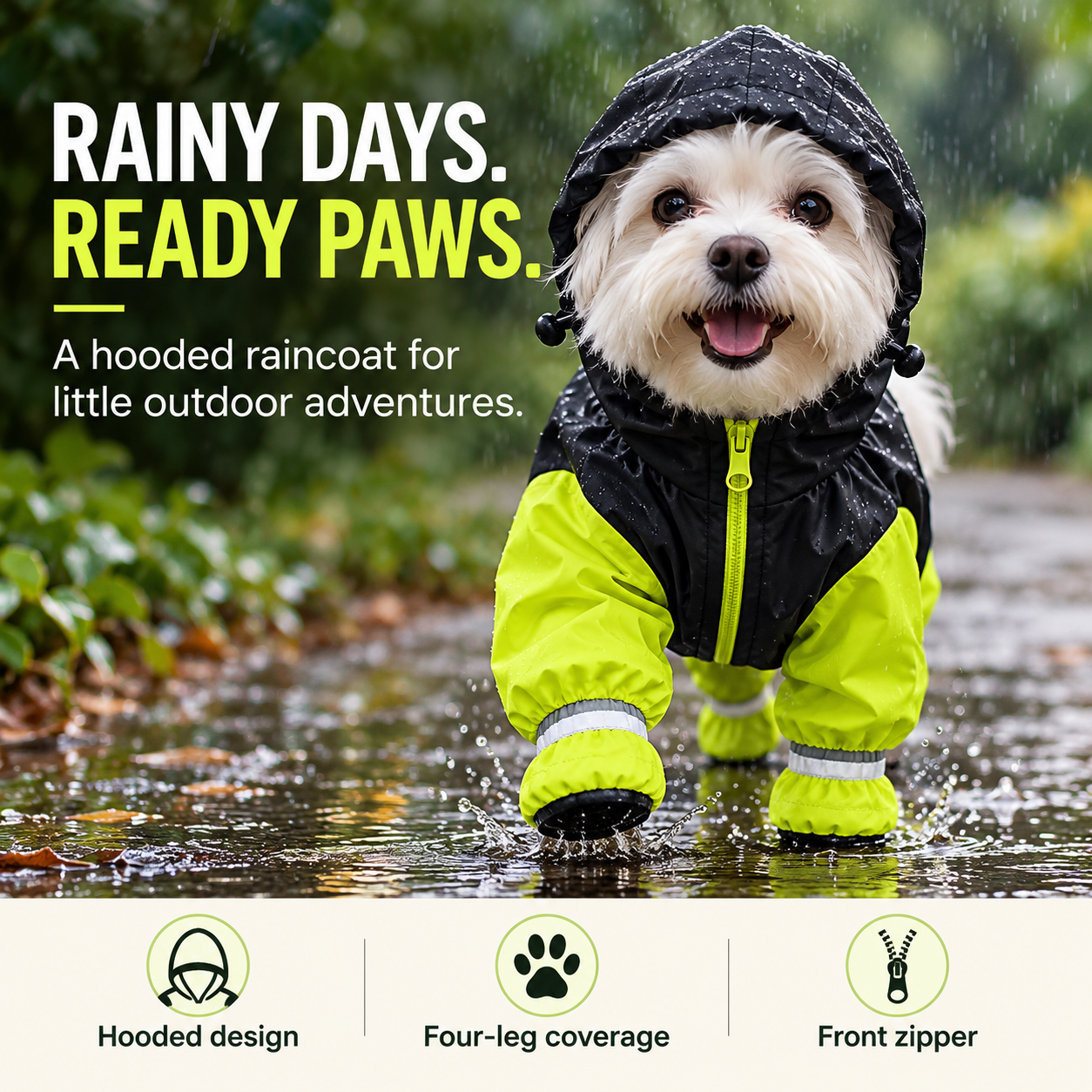 RainPaw hooded dog raincoat in black and lime green with four-leg coverage